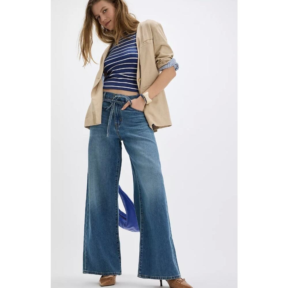 Levi's Anthropologie XL Straight Wide Leg Jeans Womens 24 Blue NWT High Rise Tie